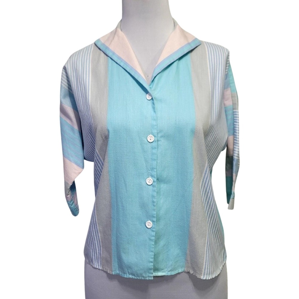 Sweet n Sassy Vintage Pastel Striped Collar Blouse‎ Aqua Pink Blue 80s 90s Top